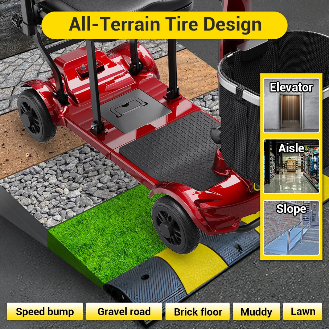 The Easwe™ M10 Portable Long Range Mobility Scooter is shown handling speed bumps, gravel, bricks, mud, and grass. Insets display an elevator, aisle, and slope. Text: All-terrain tires and powerful 250W motor.