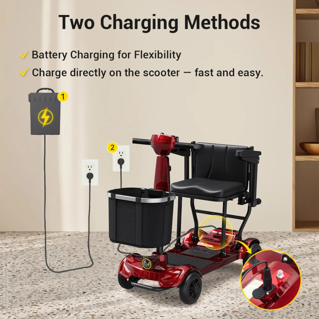 A red Easwe™ M10 Portable Long Range Mobility Scooter indoors displays two charging options—charging the removable battery at a wall outlet or directly in the scooter. Yellow icons highlight each method for this 250W motor model.