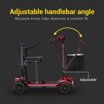 The Easwe™ M10 Portable Long Range Mobility Scooter features a red design with three adjustable handlebar angles shown, highlighting its customizable fit. Enjoy a 30-mile range for every ride.