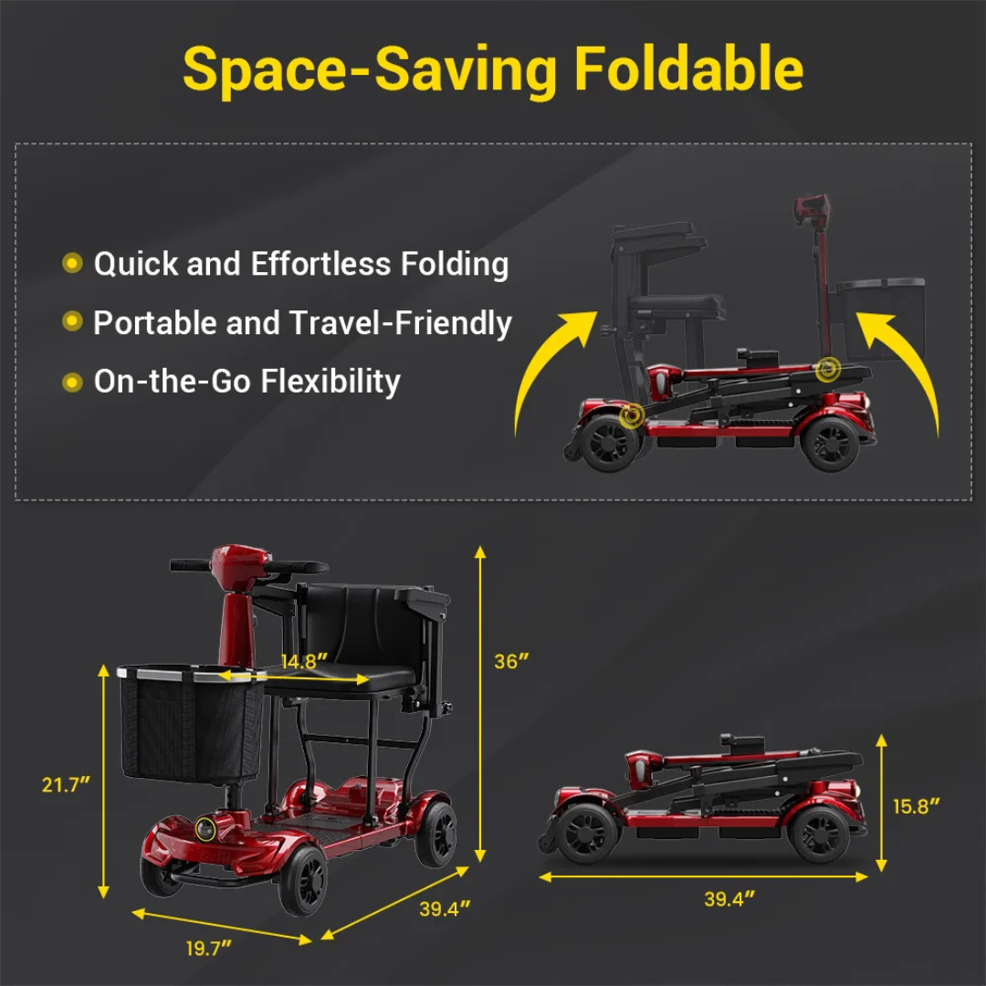 The Easwe™ M10 Portable Long Range Mobility Scooter is displayed folded and unfolded with labeled dimensions, emphasizing its quick folding, portability, and airline-approved design—ideal for travel—all set against a dark background.