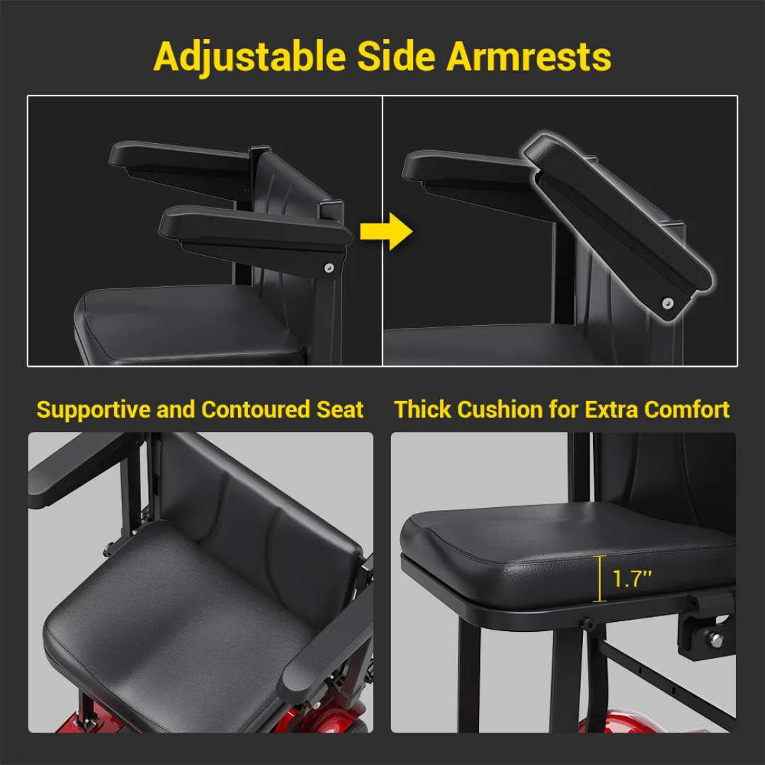Collage displays adjustable side armrests, a supportive contoured seat, and a thick 1.7" cushioned seat on the Easwe™ M10 Portable Long Range Mobility Scooter. Each feature is highlighted with bold yellow text.