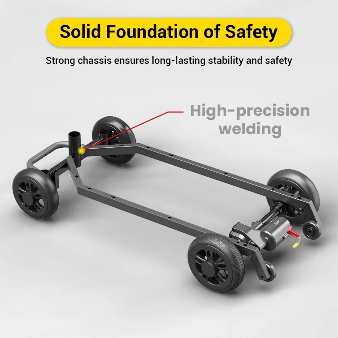 The Easwe™ M10 Portable Long Range Mobility Scooter features a black, four-wheel chassis with high-precision welding, providing a solid foundation for lasting stability and safety.