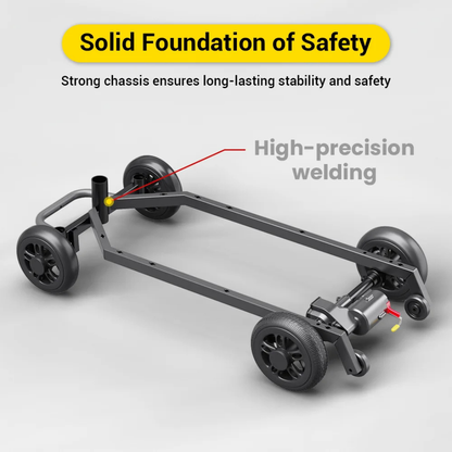 The Easwe™ M10 Portable Long Range Mobility Scooter features a black, four-wheel chassis with high-precision welding, providing a solid foundation for lasting stability and safety.