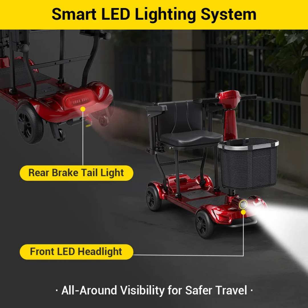 The Easwe™ M10 Portable Long Range Mobility Scooter travels at night with its smart LED lighting system—bright front headlight and rear brake light ensure safe, visible rides. Powered by a robust 250W motor for reliable mobility.