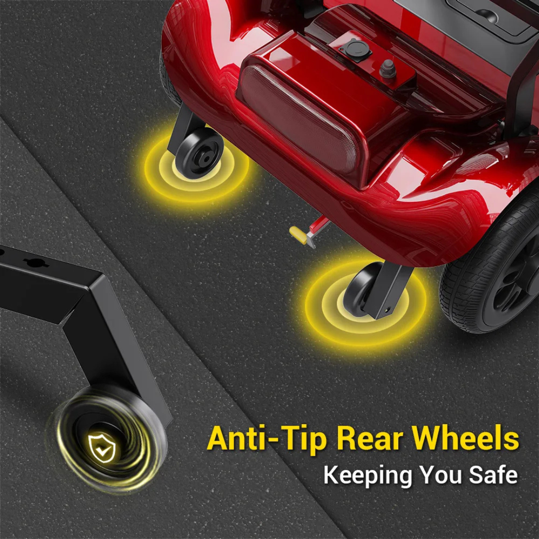 The Easwe™ M10 Portable Long Range Mobility Scooter in red features yellow-highlighted anti-tip rear wheels for safety. Powered by a reliable 250W motor. Text: "Anti-Tip Rear Wheels - Keeping You Safe." Shown on a dark road surface.