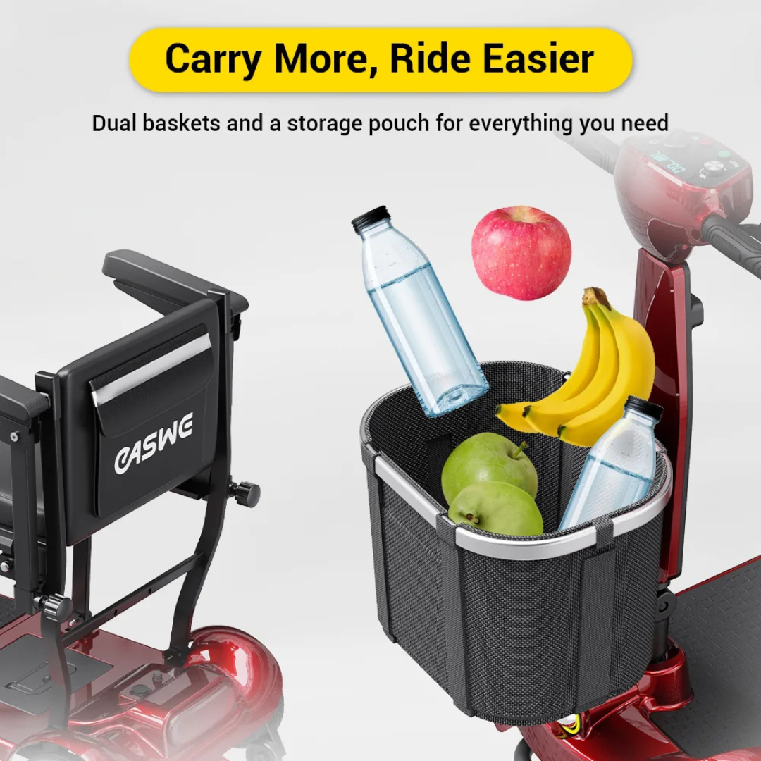 The Easwe™ M10 Portable Long Range Mobility Scooter is airline-approved, features dual baskets and a storage pouch—front basket fits an apple, two bananas, two green apples, and two water bottles—and has a 250W motor for smooth rides.