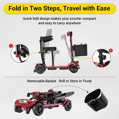 The Easwe™ M10 Portable Long Range Mobility Scooter folds in two steps, features close-ups of folding points and a removable black basket, and highlights its compact, car trunk-friendly design with a 30-mile range for easy carrying and storage.