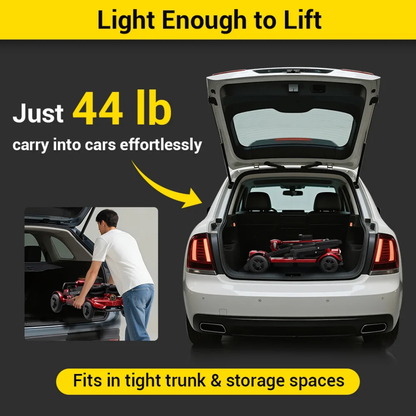 A man lifts an Easwe™ M10 Portable Long Range Mobility Scooter into a white car’s trunk. Weighing just 44 lb, it’s light enough to lift and fits in tight spaces. Its powerful 250W motor ensures easy portability for cars and storage.