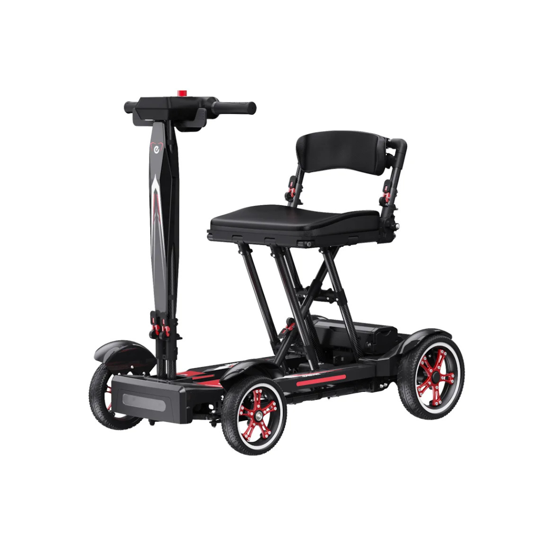 The Easwe® M20 Carbon Fiber Ultralite Electric Mobility Scooter is a foldable, four-wheeled scooter with a black frame, red accents, cushioned seat with backrest, handlebars, and electromagnetic brakes for safe personal transport.
