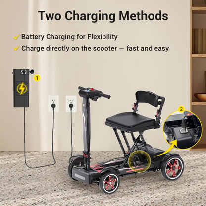 The Easwe® M20 Carbon Fiber Ultralite Electric Mobility Scooter, a foldable model with a seat, is shown charging either through its removable battery or by plugging the scooter directly into an outlet. Both charging options are highlighted.