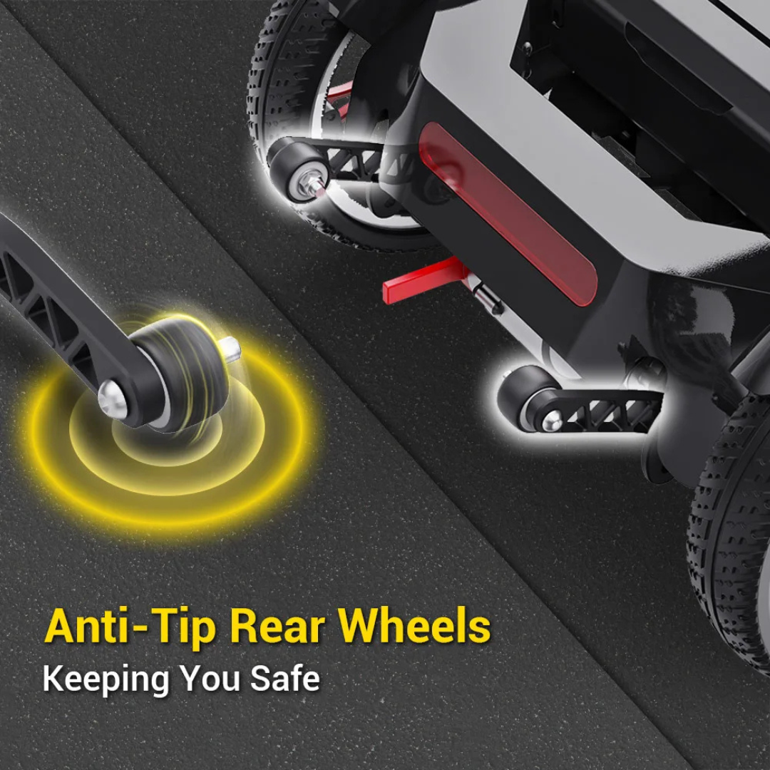A close-up of the Easwe® M20 Carbon Fiber Ultralite Electric Mobility Scooter’s rear shows small anti-tip wheels glowing yellow. Text: “Anti-Tip Rear Wheels - Keeping You Safe.” Image highlights stability, safety, and electromagnetic braking.