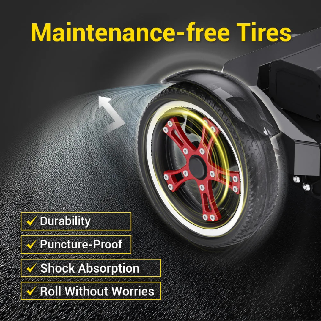 A close-up of the Easwe® M20 Carbon Fiber Ultralite Electric Mobility Scooter’s wheel showcases yellow highlights, a maintenance-free, puncture-proof tire for durable shock absorption—roll freely without worries.