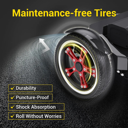 A close-up of the Easwe® M20 Carbon Fiber Ultralite Electric Mobility Scooter’s wheel showcases yellow highlights, a maintenance-free, puncture-proof tire for durable shock absorption—roll freely without worries.