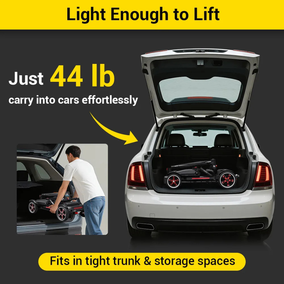 A man lifts the Easwe® M20 Carbon Fiber Ultralite Electric Mobility Scooter into a car trunk. Weighing just 44 lbs, it fits in tight spaces and offers a 30-mile range for convenient travel.