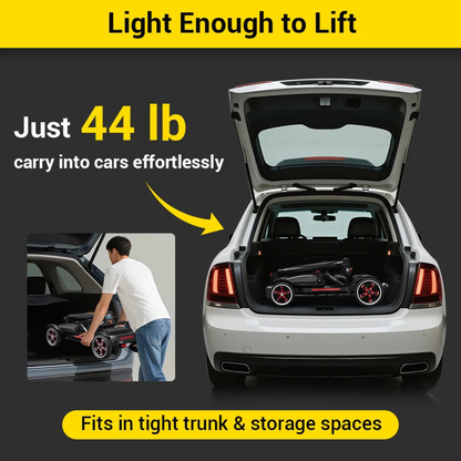 A man lifts the Easwe® M20 Carbon Fiber Ultralite Electric Mobility Scooter into a car trunk. Weighing just 44 lbs, it fits in tight spaces and offers a 30-mile range for convenient travel.