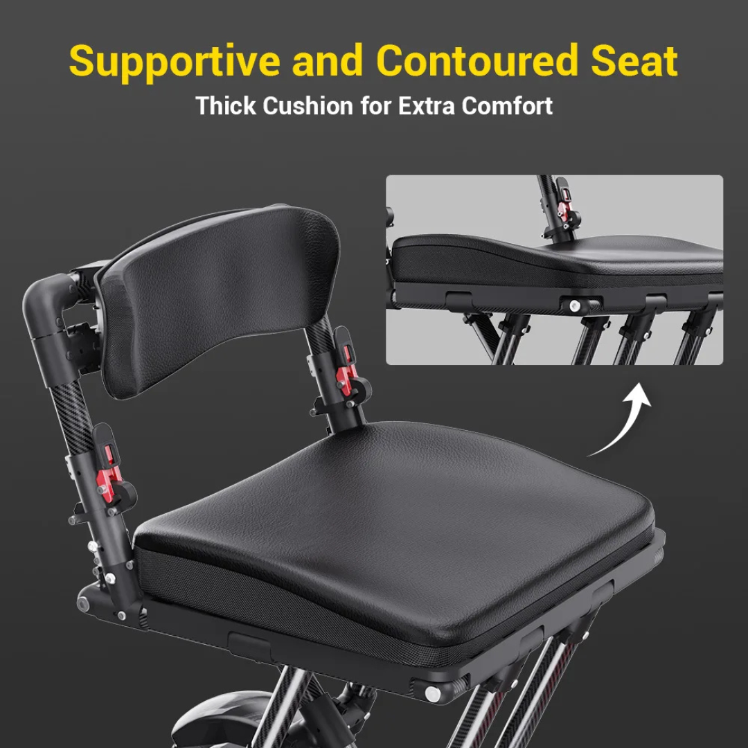 The Easwe® M20 Carbon Fiber Ultralite Electric Mobility Scooter features a black, supportive, contoured seat with a thick cushion and backrest for extra comfort. An inset highlights the seat’s cushioned design.