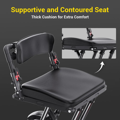 The Easwe® M20 Carbon Fiber Ultralite Electric Mobility Scooter features a black, supportive, contoured seat with a thick cushion and backrest for extra comfort. An inset highlights the seat’s cushioned design.