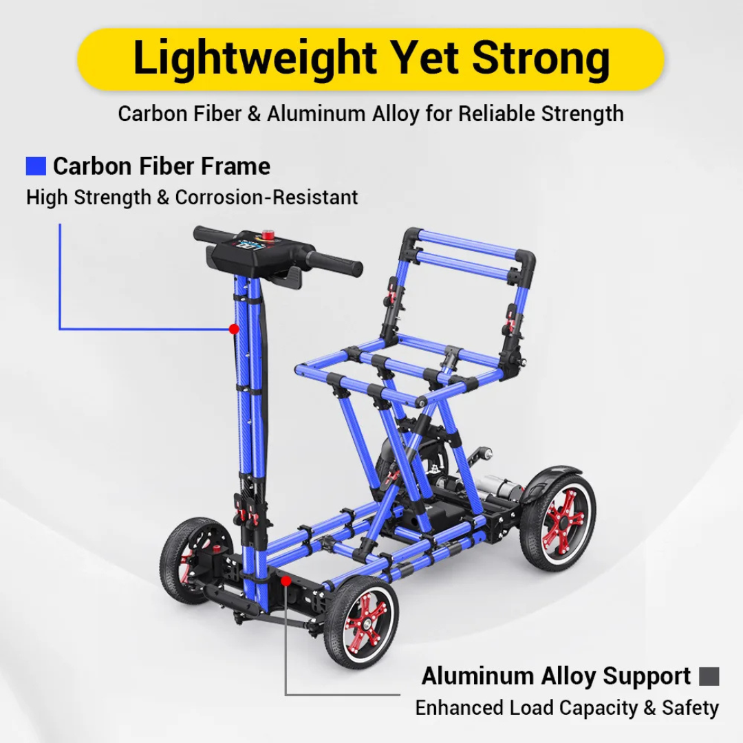 The Easwe® M20 Carbon Fiber Ultralite Electric Mobility Scooter in blue features a lightweight carbon fiber body, aluminum alloy frame, black and red wheels, electromagnetic brakes, high strength, corrosion resistance, and enhanced load capacity.
