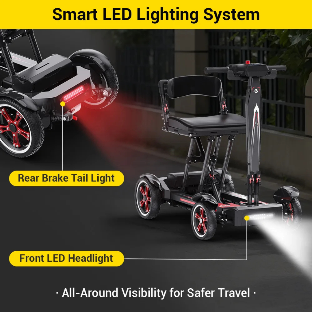 The Easwe® M20 Carbon Fiber Ultralite Electric Mobility Scooter features electromagnetic braking, a rear brake tail light, and a front LED headlight—showcasing its smart LED lighting for safer night travel and enhanced control.