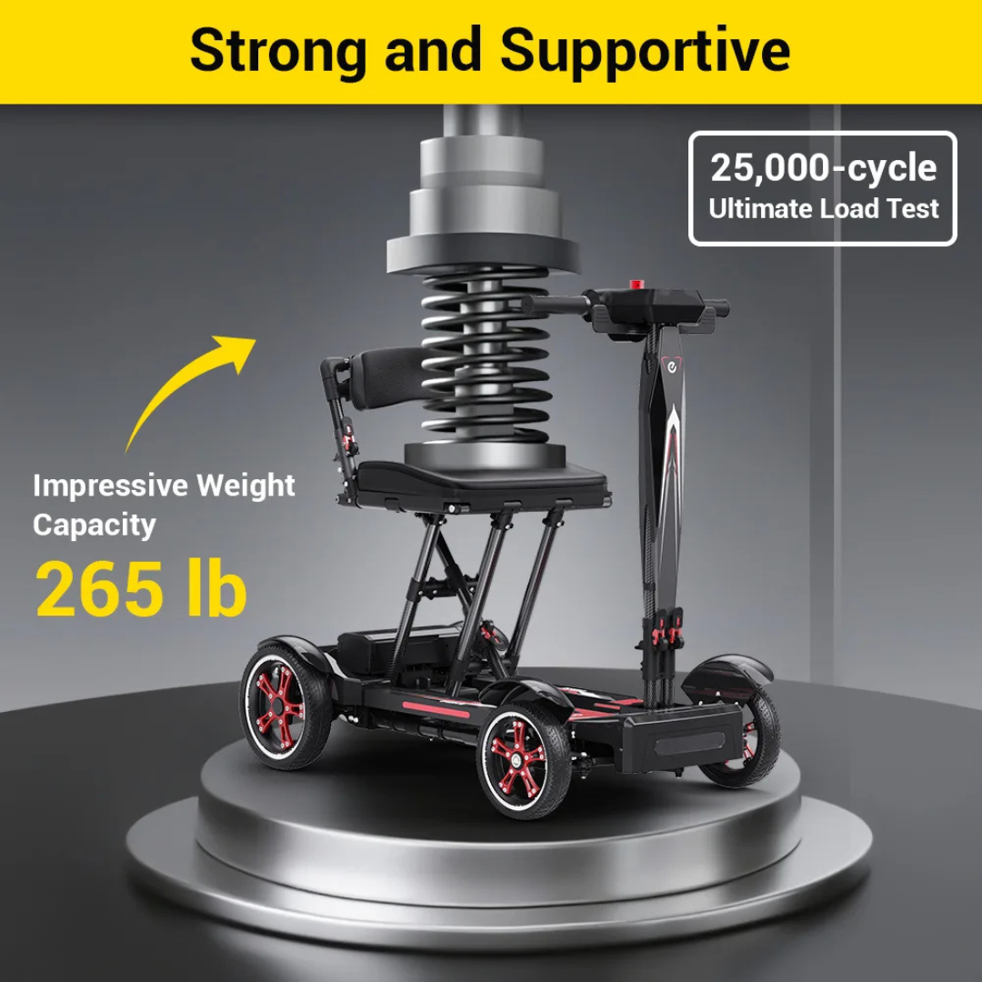 The Easwe® M20 Carbon Fiber Ultralite Electric Mobility Scooter withstands a hydraulic press, showcasing its 265 lb weight capacity, 25,000-cycle ultimate load test, and the slogan "Strong and Supportive" at the top.