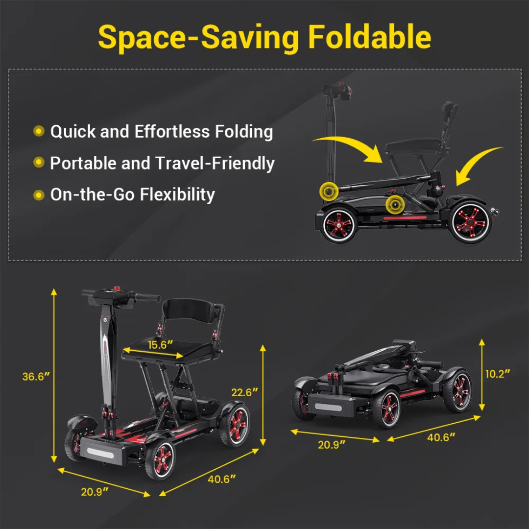 Diagram of the black and red Easwe® M20 Carbon Fiber Ultralite Electric Mobility Scooter highlighting quick folding, lightweight portability, and travel-friendly design. Dimensions in inches for both folded and unfolded positions are shown.