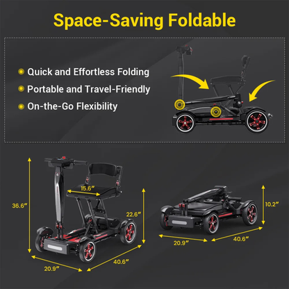Diagram of the black and red Easwe® M20 Carbon Fiber Ultralite Electric Mobility Scooter highlighting quick folding, lightweight portability, and travel-friendly design. Dimensions in inches for both folded and unfolded positions are shown.