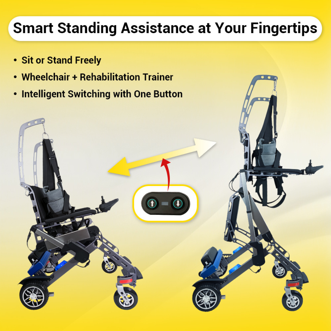 The Easwe™ S10 Standing Electric Wheelchair offers adjustable sit/stand assist, rehabilitation training, advanced rehab technology, and one-button intelligent switching. Shown in both sitting and standing positions for versatile use.