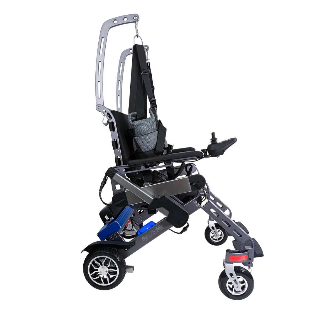 The Easwe™ S10 is a lightweight, modern standing electric wheelchair for rehabilitation training with a black seat, side control joystick, metallic frame, large rear wheels, small front casters, and overhead support structure.