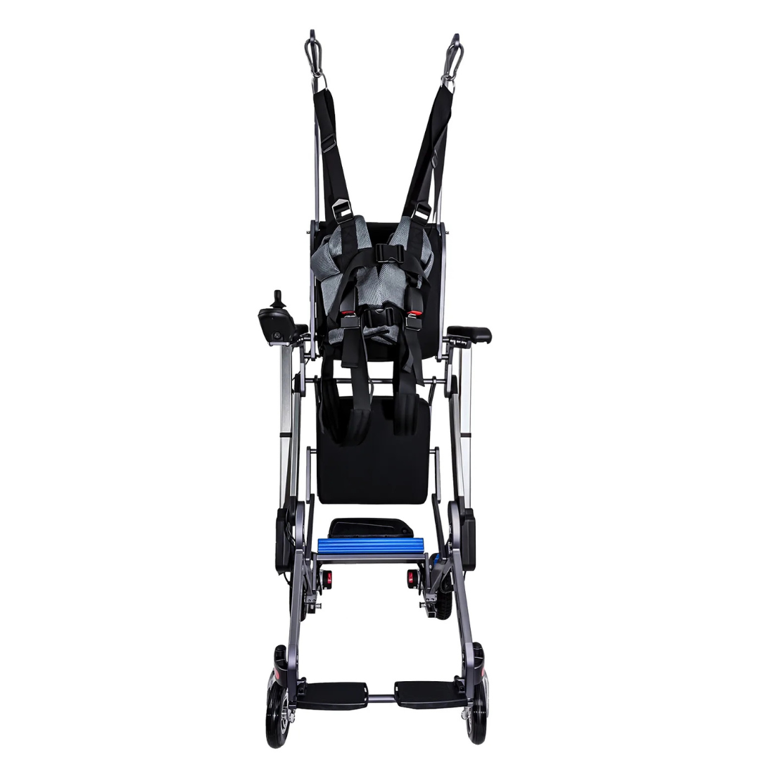 The Easwe™ S10 Standing Electric Wheelchair for Rehabilitation Training is a lightweight, foldable chair with advanced tech, black harness straps, padded seat, footrests, and small front wheels, shown front-facing on a white background.