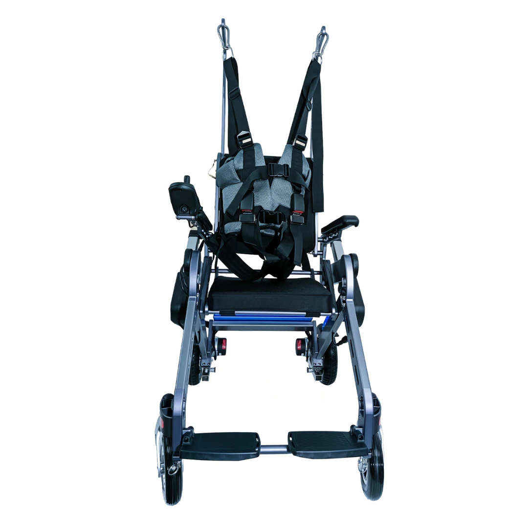 Front view of the Easwe™ S10 Standing Electric Wheelchair for Rehabilitation Training, featuring a black harness and straps, footrests, armrests, and wheeled base for secure support and advanced rehab technology.