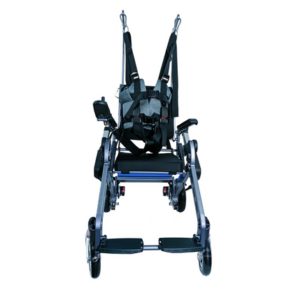 Front view of the Easwe™ S10 Standing Electric Wheelchair for Rehabilitation Training, featuring a black harness and straps, footrests, armrests, and wheeled base for secure support and advanced rehab technology.