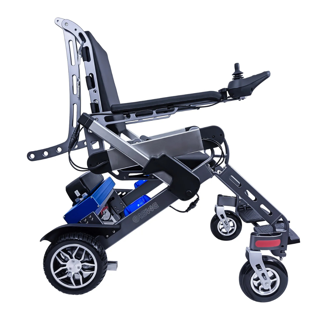 The Easwe™ S10 Standing Electric Wheelchair for Rehabilitation Training features a black frame, adjustable armrests, large rear wheels, small front wheels, and a right-arm joystick control; shown from a side view.