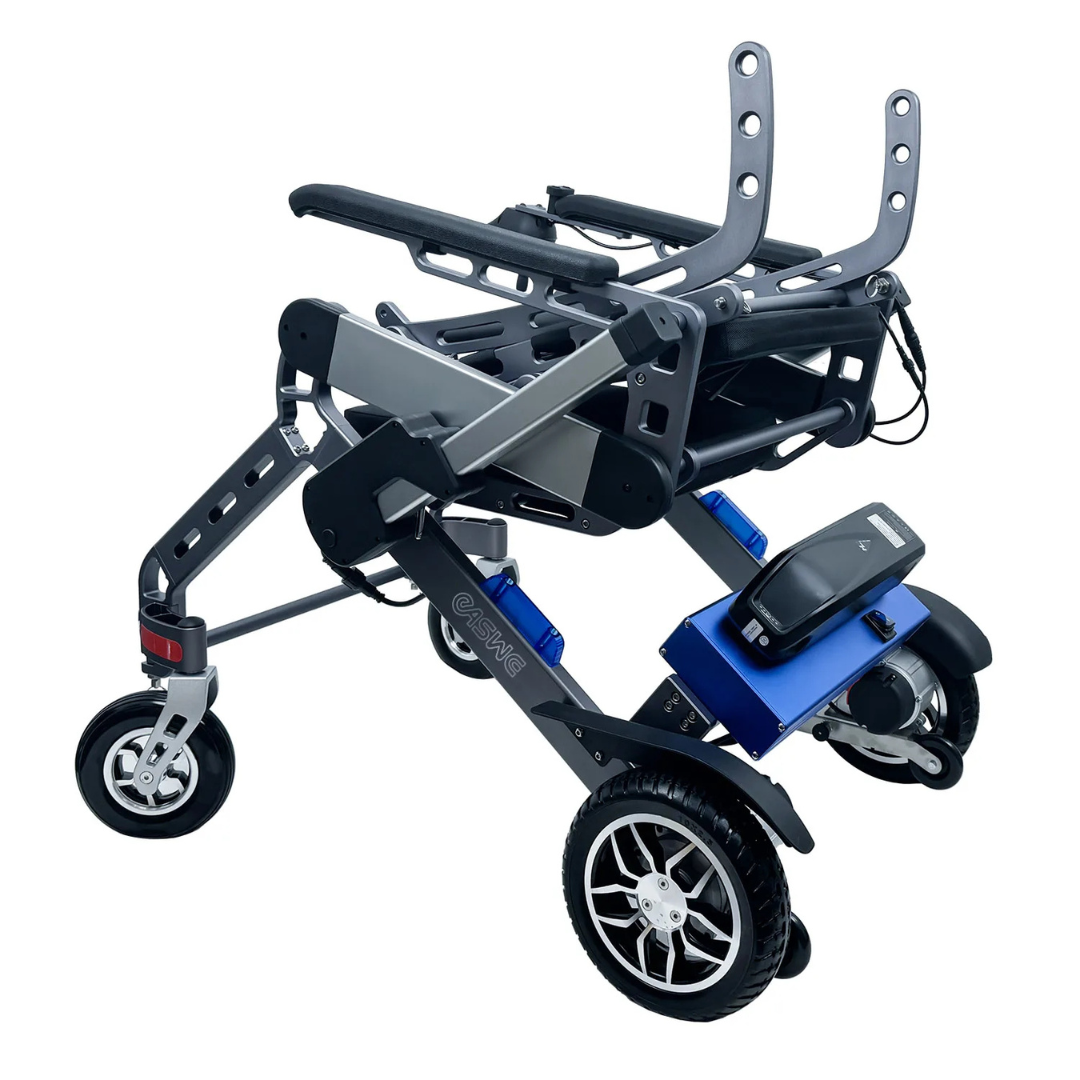 The Easwe™ S10 is a lightweight, foldable standing electric wheelchair for rehabilitation training, featuring large rear wheels, small front casters, and a visible battery pack—all shown without seat or cushions.