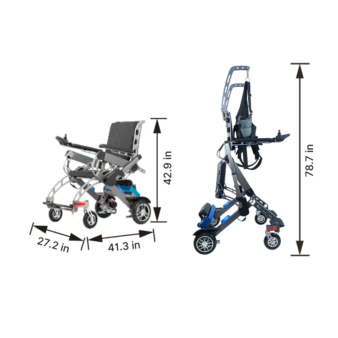 The Easwe™ S10 – Standing Electric Wheelchair for Rehabilitation Training is shown both compact (27.2 × 41.3 × 42.9 in) and fully unfolded at 78.7 in tall, illustrating its versatile positions for user needs.