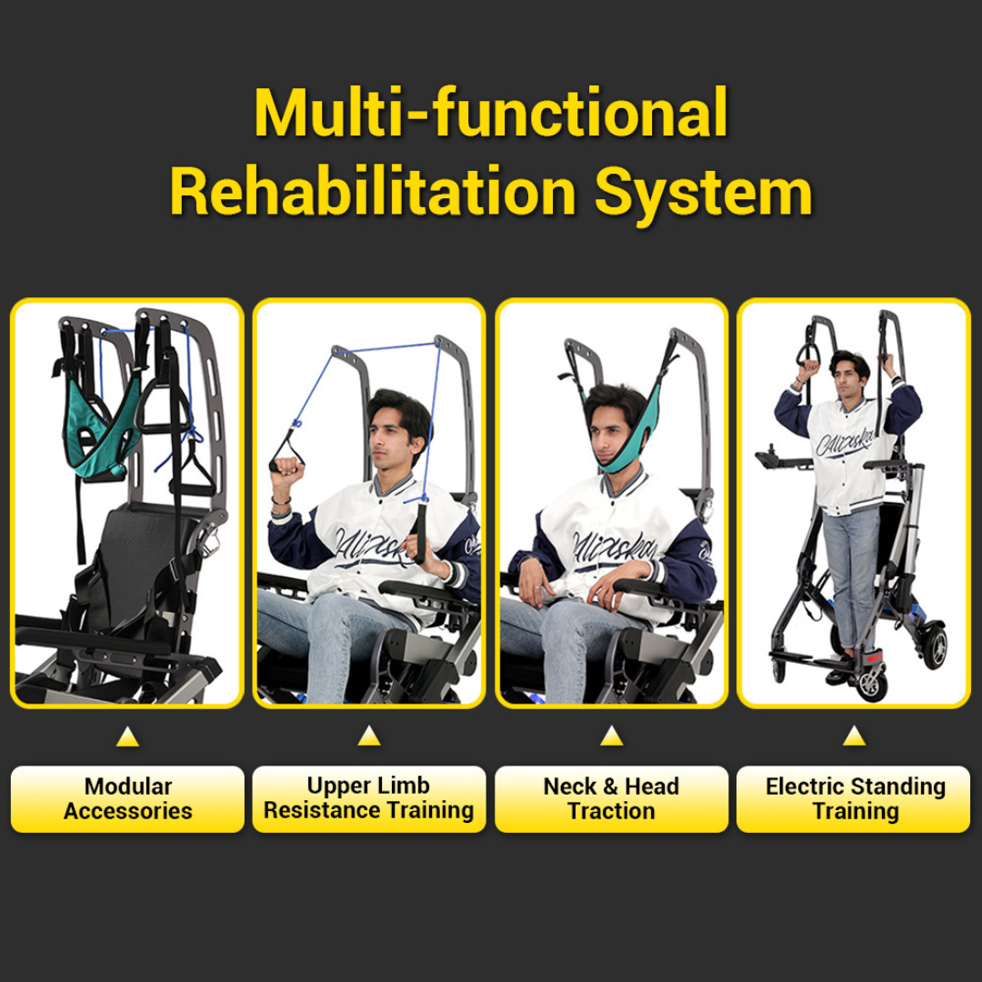 Four panels show a man using the Easwe™ S10 Standing Electric Wheelchair for Rehabilitation Training, featuring modular accessories, upper limb resistance training, neck and head traction, and electric standing functionality.