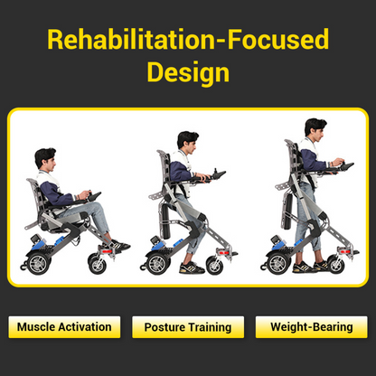 A young man uses the Easwe™ S10 – Standing Electric Wheelchair for Rehabilitation Training in sitting, partially standing, and fully standing modes, demonstrating muscle activation, posture training, and weight-bearing during rehab.