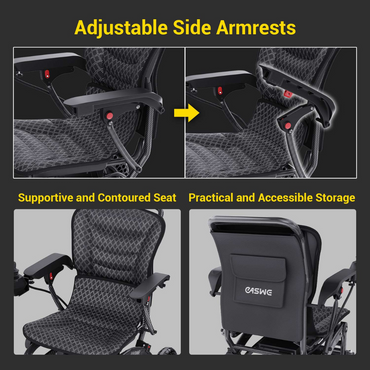 Collage of the Easwe™ B20 Portable Folding Powerchair—airline approved—featuring adjustable side armrests, a contoured seat, and a back storage pocket, shown in both close-up and wide views.