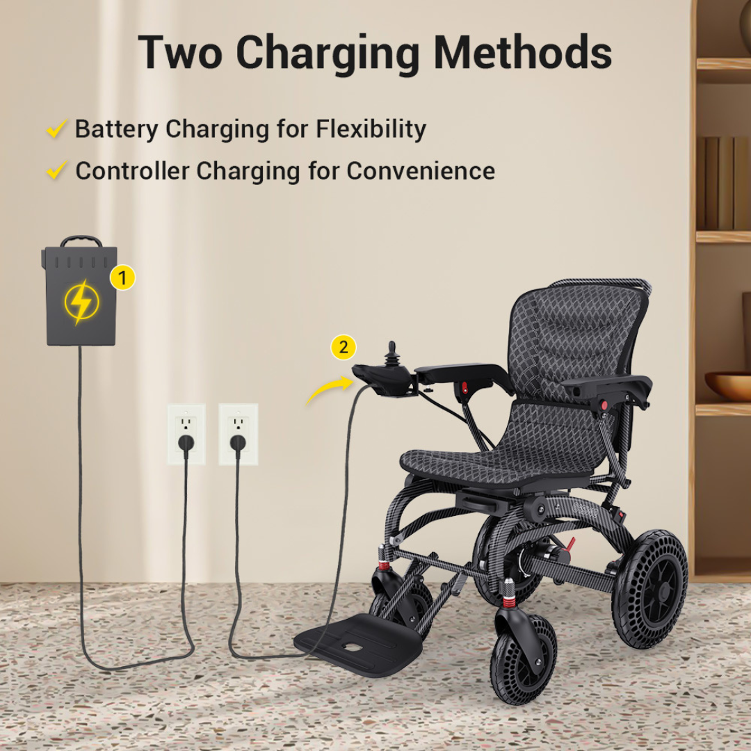 The Easwe™ B20 Portable Folding Powerchair - Airline Approved is shown with two charging options: battery charging via a wall outlet and controller charging through a cord connected to the control panel, offering convenient ways to power up.