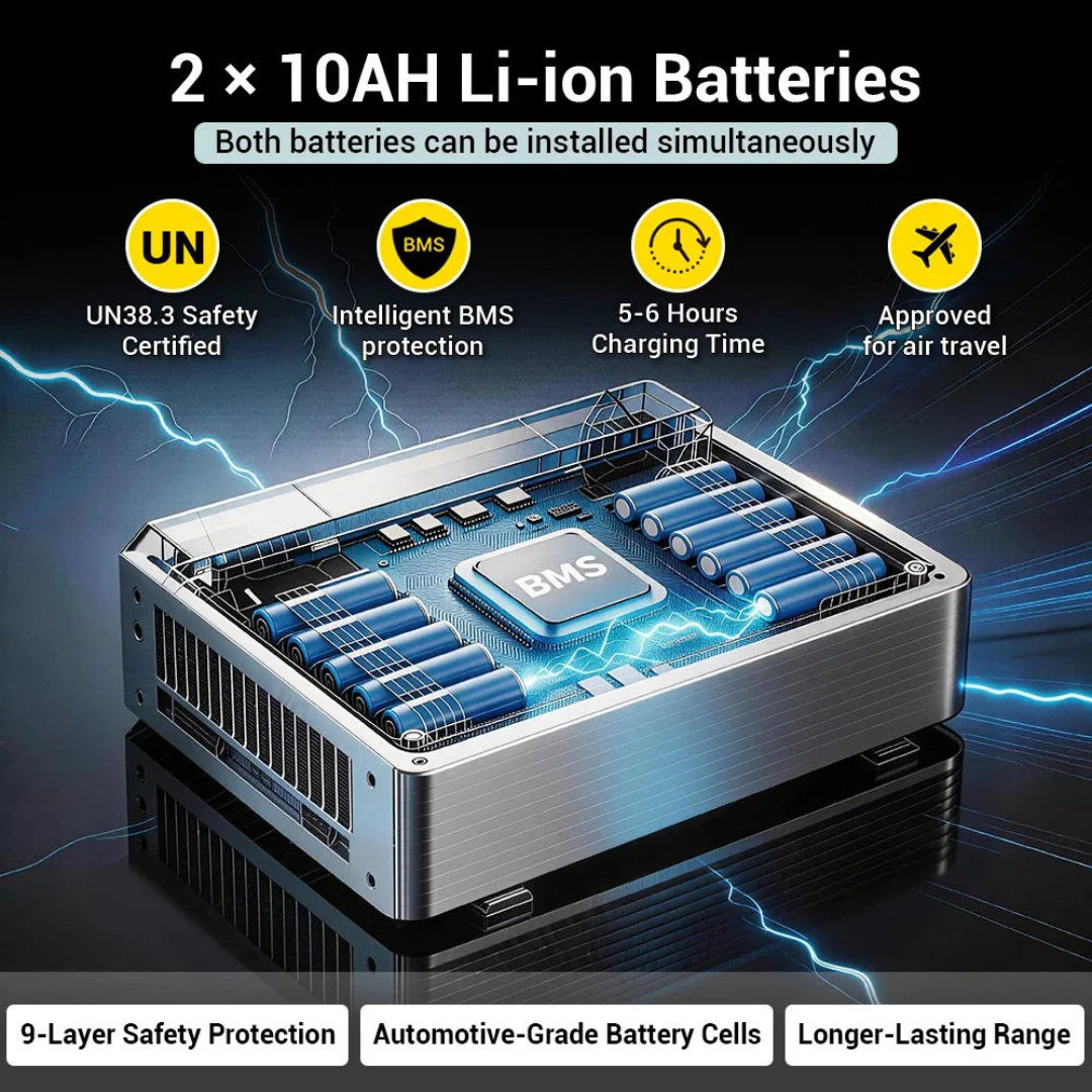 A graphic featuring the Easwe® C20 Long Range Carbon Fiber Electric Wheelchair’s 2 x 10AH Li-ion batteries with smart BMS, 5–6h charging, air travel approval, 9-layer safety, and automotive-grade cells for ultimate mobility freedom.