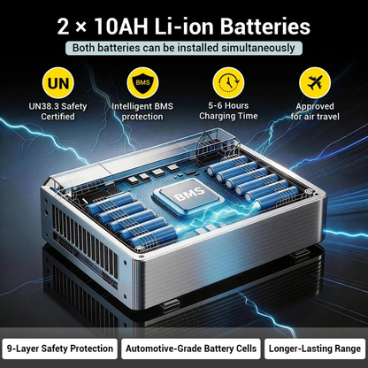 A graphic featuring the Easwe® C20 Long Range Carbon Fiber Electric Wheelchair’s 2 x 10AH Li-ion batteries with smart BMS, 5–6h charging, air travel approval, 9-layer safety, and automotive-grade cells for ultimate mobility freedom.