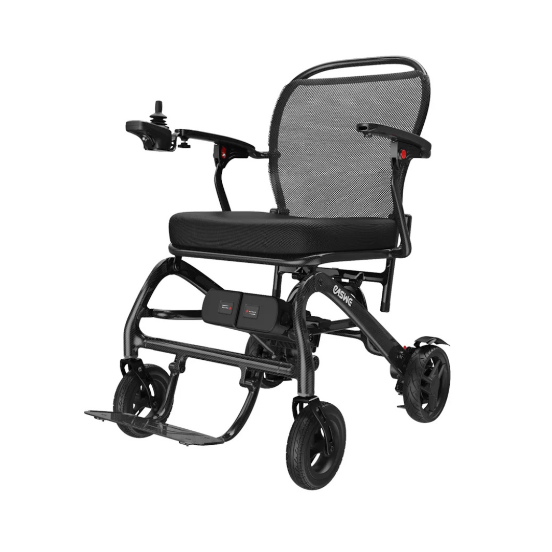 The Easwe® C20 Long Range Carbon Fiber Electric Wheelchair features a black lightweight frame, mesh backrest, left-arm joystick control, foldable footrest, and four wheels for mobility freedom, pictured against a white background.