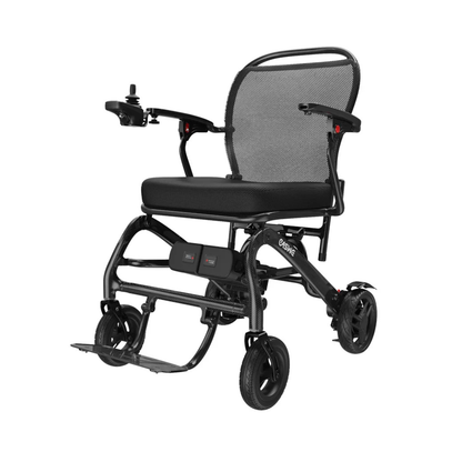 The Easwe® C20 Long Range Carbon Fiber Electric Wheelchair features a black lightweight frame, mesh backrest, left-arm joystick control, foldable footrest, and four wheels for mobility freedom, pictured against a white background.