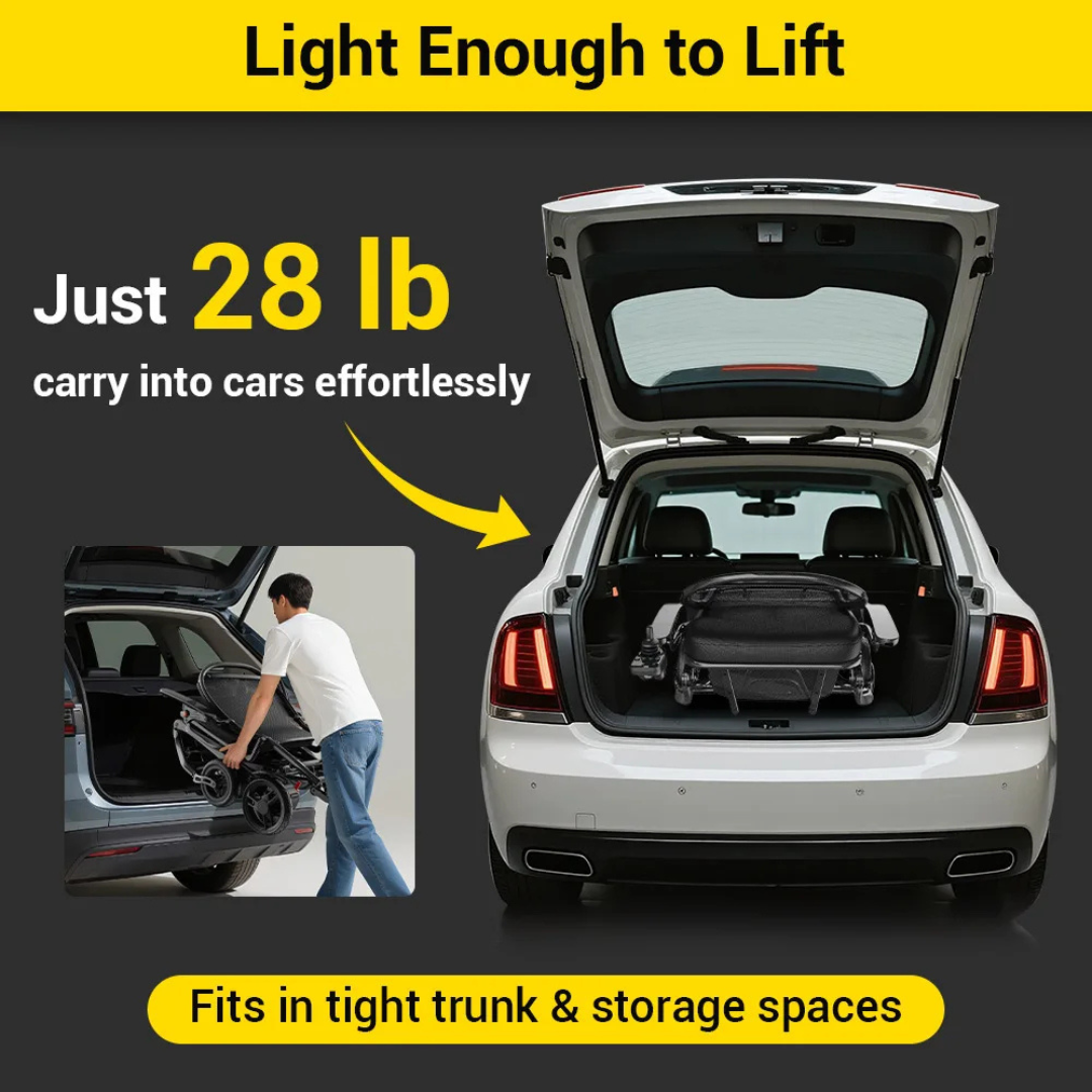 A person lifts a folded Easwe® C20 – Long Range Carbon Fiber Electric Wheelchair into a car trunk. Nearby, an open white sedan displays the wheelchair inside. This lightweight 28-pound design offers mobility freedom and fits tight spaces.