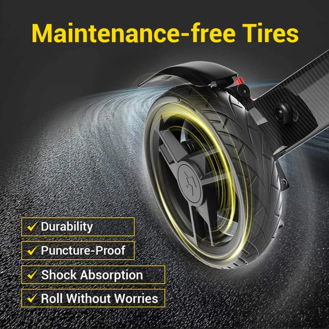 Close-up of the Easwe® C20’s maintenance-free, puncture-proof tires highlights durability and shock absorption—reflecting the unstoppable performance and long-range mobility of this carbon fiber electric wheelchair.