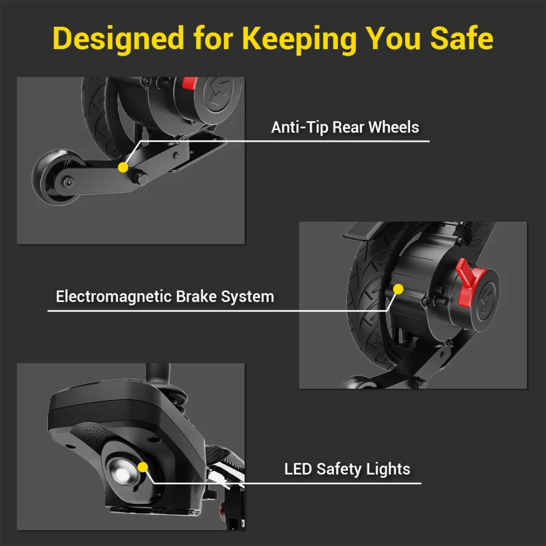 Three close-up images show safety features of the Easwe® C20 Long Range Carbon Fiber Electric Wheelchair—anti-tip rear wheels, an electromagnetic brake system, and LED safety lights. Text above reads "Designed for Keeping You Safe" on a dark background.