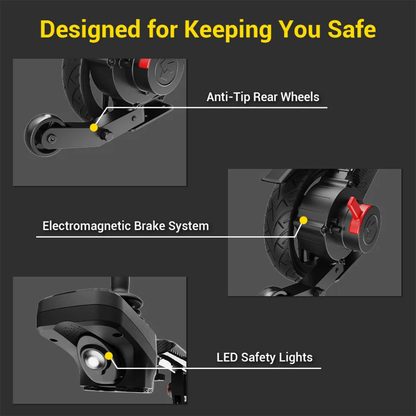 Three close-up images show safety features of the Easwe® C20 Long Range Carbon Fiber Electric Wheelchair—anti-tip rear wheels, an electromagnetic brake system, and LED safety lights. Text above reads "Designed for Keeping You Safe" on a dark background.