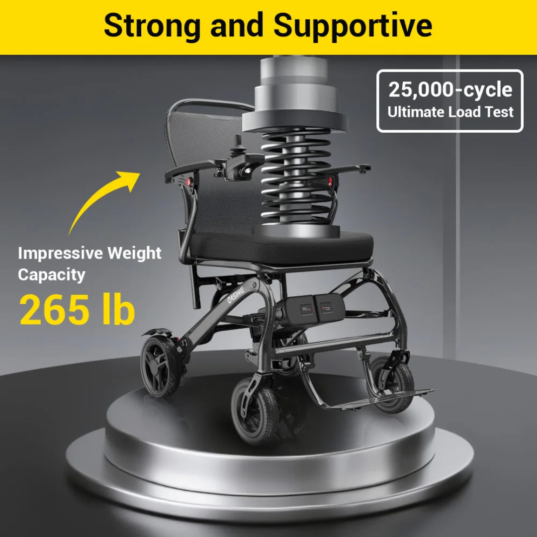 A black Easwe® C20 – Long Range Carbon Fiber Electric Wheelchair sits under a huge metal spring, showcasing its strength. Text highlights its 25,000-cycle load test and 265 lb capacity with a yellow “Strong and Supportive” header on gray.