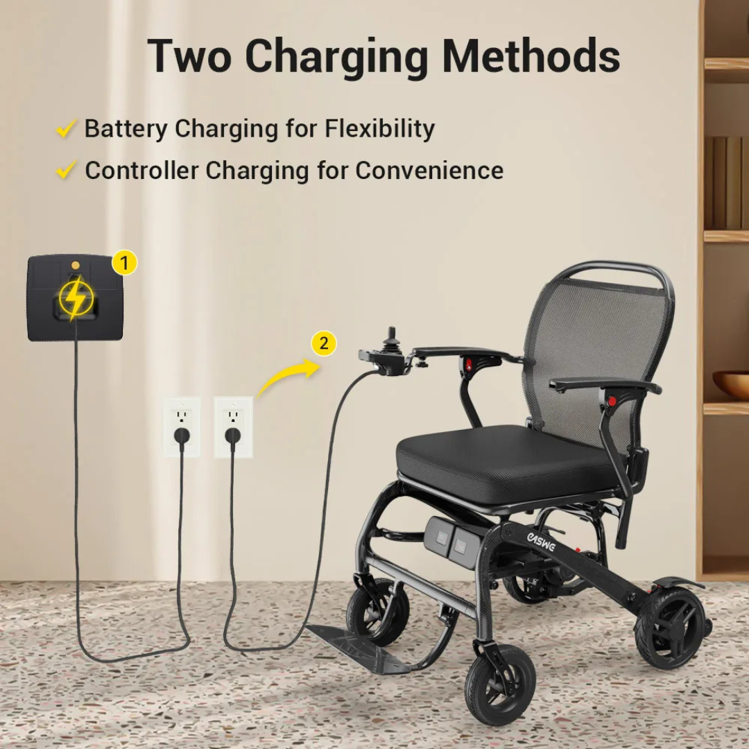 The Easwe® C20 – Long Range Carbon Fiber Electric Wheelchair is shown charging via the battery or through the controller. Two labeled outlets highlight charging options, emphasizing mobility freedom. Text at the top reads: Two Charging Methods.