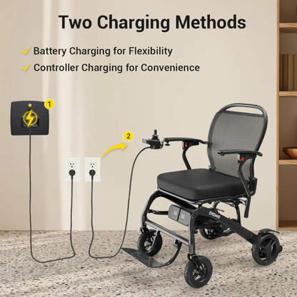 The Easwe® C20 – Long Range Carbon Fiber Electric Wheelchair is shown charging via the battery or through the controller. Two labeled outlets highlight charging options, emphasizing mobility freedom. Text at the top reads: Two Charging Methods.