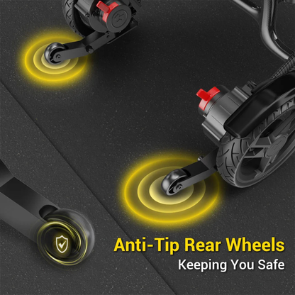 Close-up of the Easwe® C20’s rear wheels with glowing yellow highlights, emphasizing its anti-tip protection. Text reads, “Anti-Tip Rear Wheels – Keeping You Safe.” Experience mobility freedom with this long range carbon fiber powerchair.